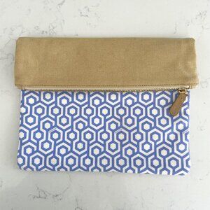 Mischa Signature Hexagon Print Zip Closure Clutch Bag White Purple Tan Sz OS